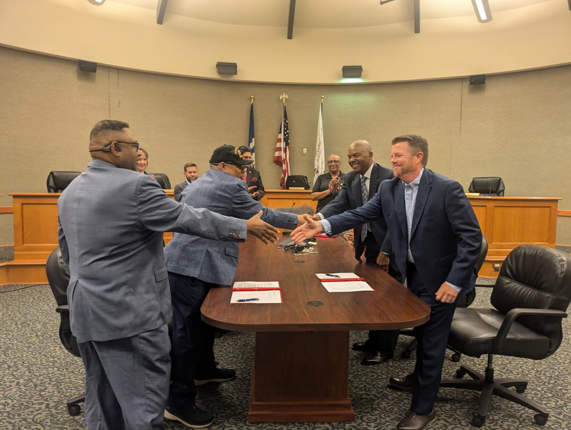 Pictured from left to right are Tunica-Biloxi Vice Chairman Marshall Ray Sampson, Sr., Tunica-Biloxi Chairman Marshall Pierite, GovStrive Vice President Clyde Thompson, Sr., and GovStrive CEO James Sasser signing a Memorandum of Understanding (MOU).